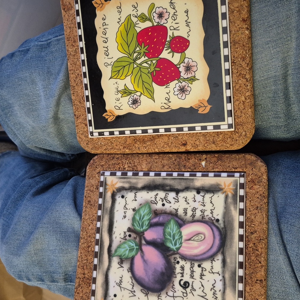 Strawberry & Eggplant  tiles with cork back trivets